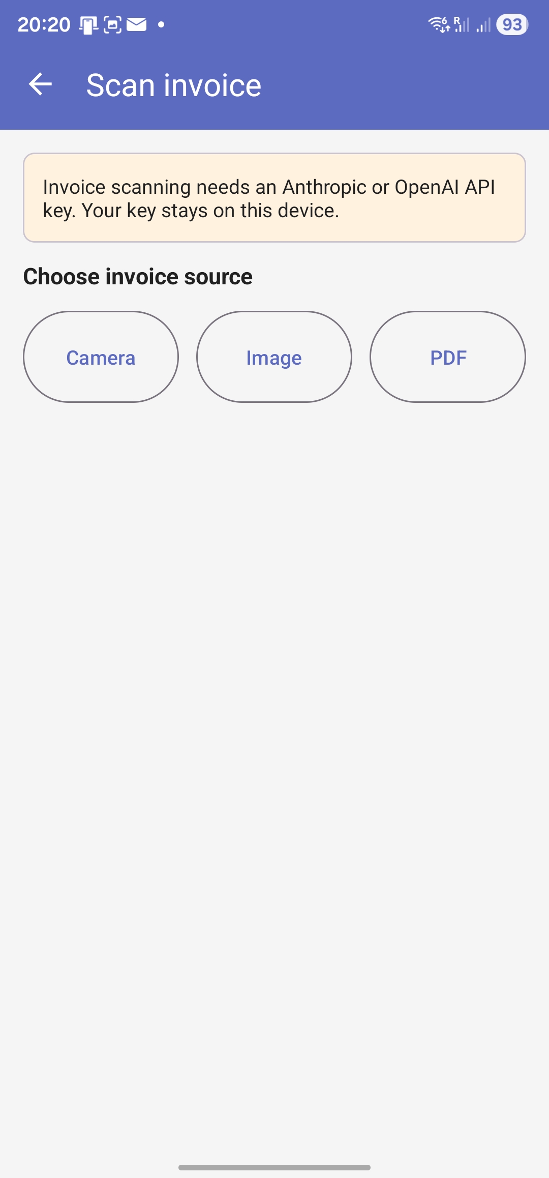 Choose scan input — camera, image file, or PDF