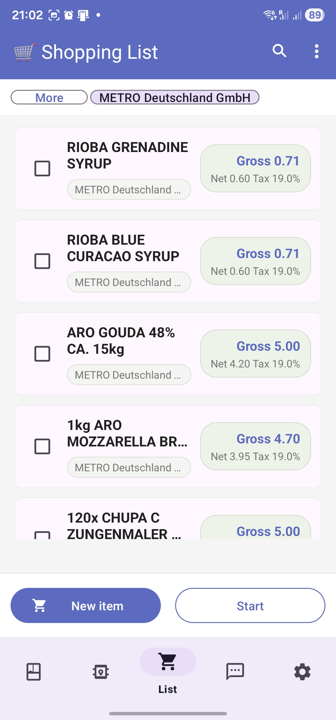 Shopping list with imported items ready